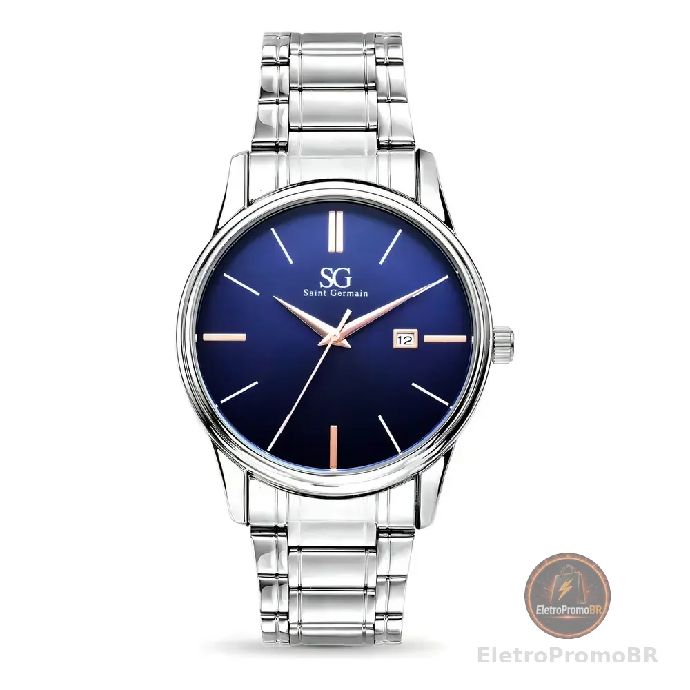 Relógio Masculino Clássico Pulseira Prata Correia Prateada Bisel Prateado Fundo Azul Marinho Saint Germain 42mm Elegante Detalhes Bronze