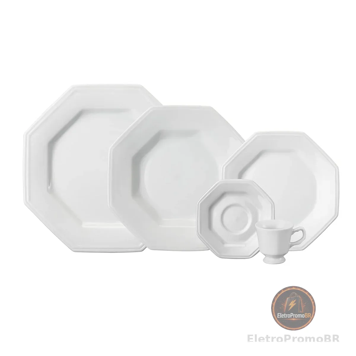 Serviço de Jantar e Chá em Porcelana, 20 Peças, Modelo Octogonal Prisma, Branco, Porcelana Schmidt