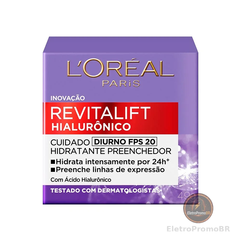 L'Oréal Paris Revitalift Hialurônico Creme Hidratante Facial Antirugas Diurno, Reduz Linhas Finas, Uniformiza a Pele, Melhora a Textura e Firmeza, 49g