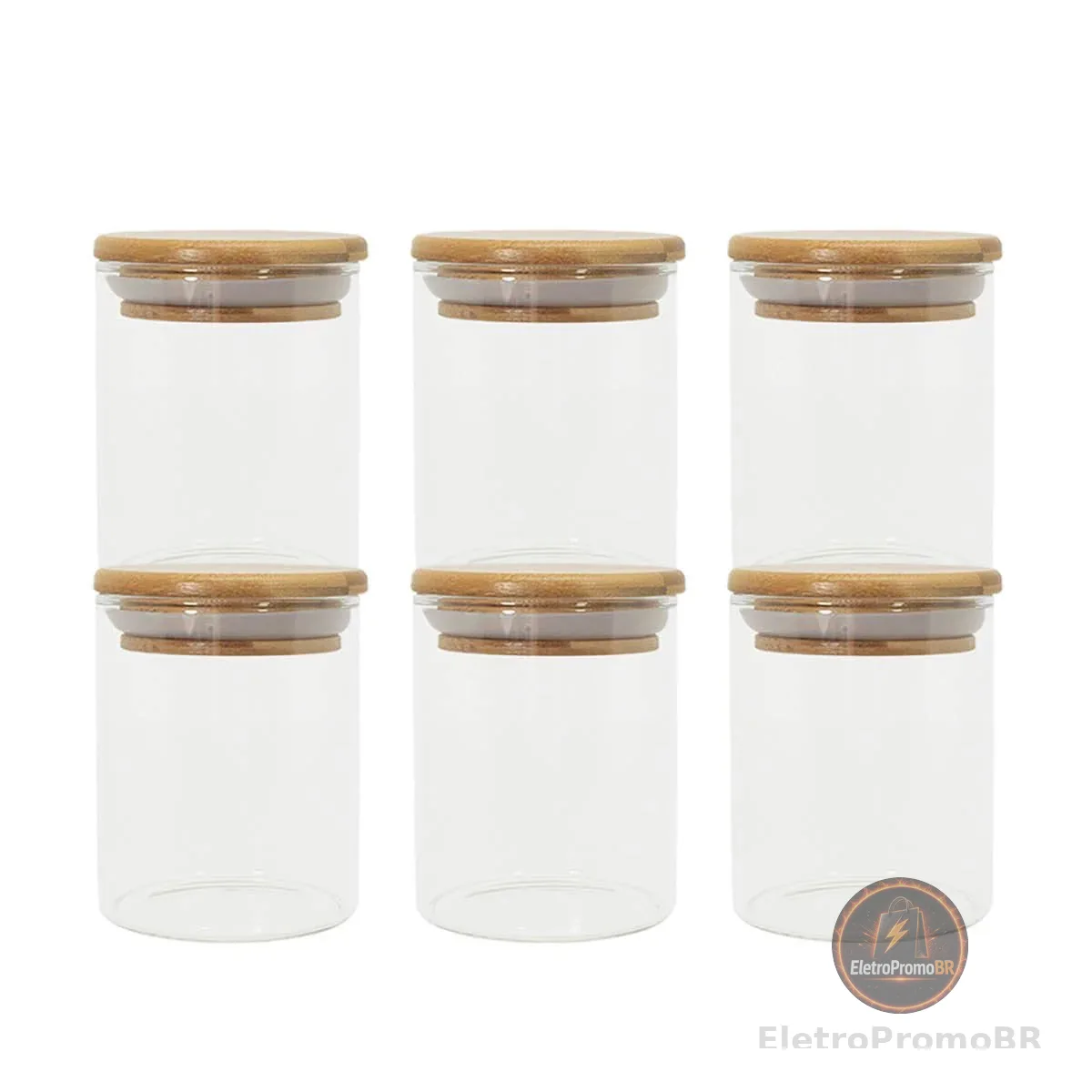 Oikos - Kit 6 Potes de Vidro 200ml com Tampa de Bambu Herméticos Redondos