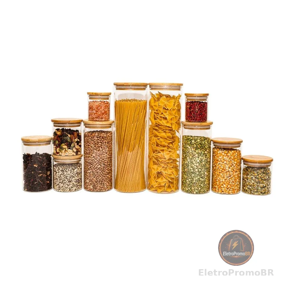 Oikos - Kit 11 Potes de Vidro com Tampa de Bambu Herméticos Redondos