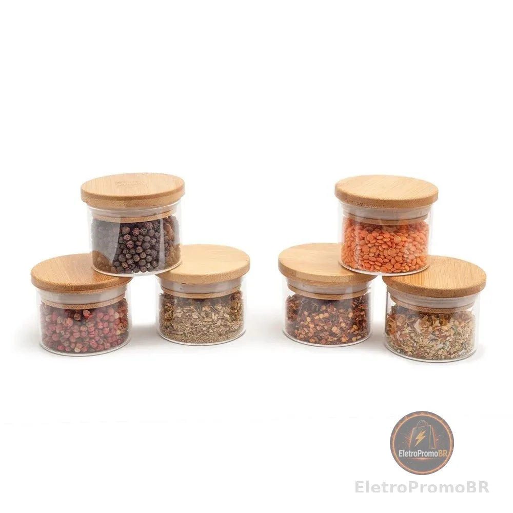 Oikos - Kit 6 Potes de Vidro 110ml com Tampa de Bambu Hermético Redondo para Tempero