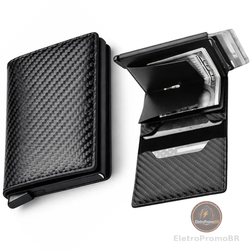 Carteira Porta Cartão de Couro Slim Antifurto - Proteção RFID com Ejetor Automático e Fecho Magnético Compacta Unissex - Linha PREMIUM