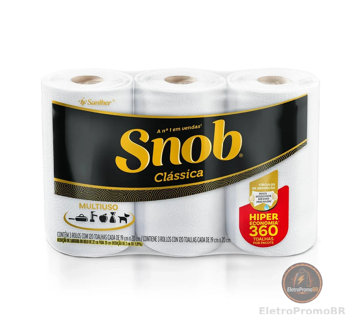 Snob Papel toalha multiuso folha dupla branca hiper 360fls, 3 rolos