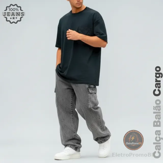 Calça Jeans Cargo Masculina Streetwear Preta Mescla 34 Ao 44