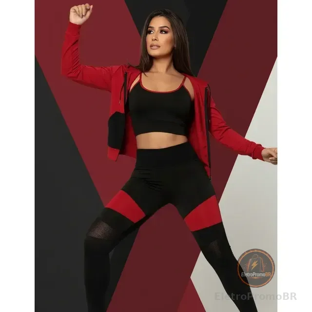 Kit Conjunto Fitness Jaqueta Calça Legging Top Feminino 3pçs