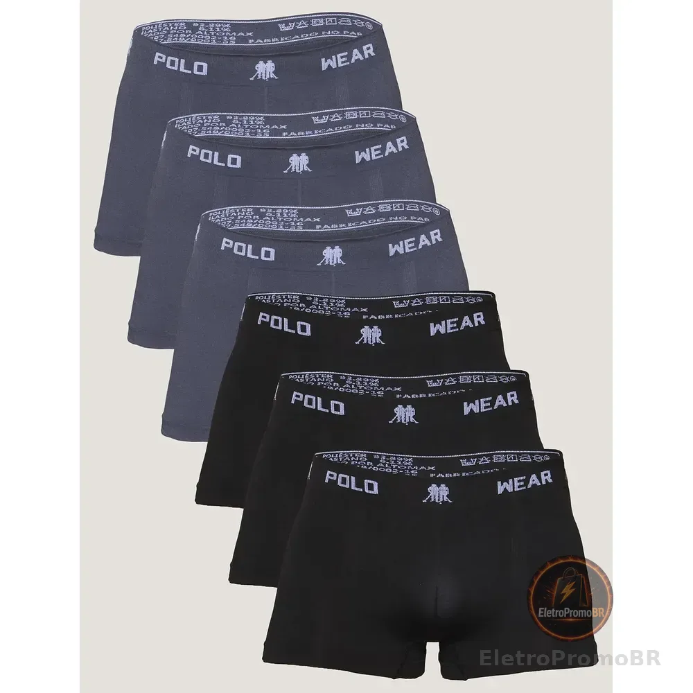Kit 6x1 Cueca Polo Wear Boxer Microfibra Basic  Pto/cza Preto E Cinza Liso Gg