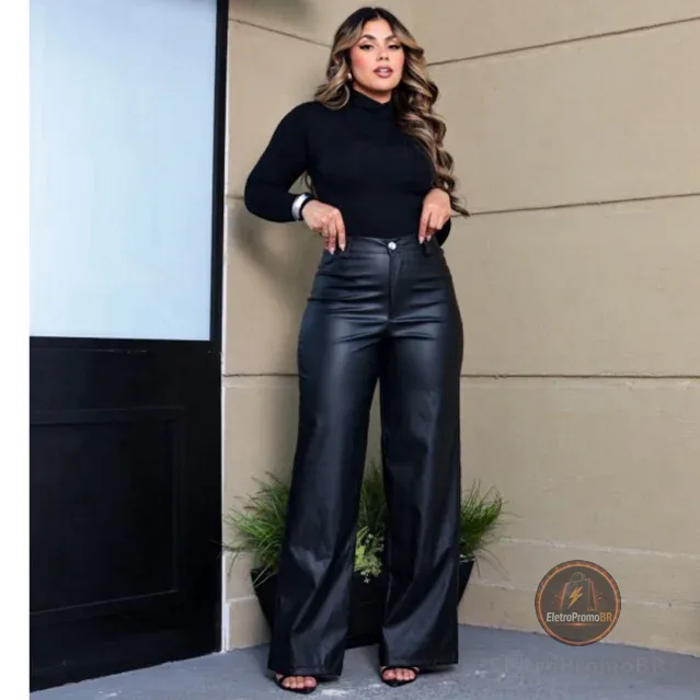 Calça Feminina Pantalona Couro Fake Wide Leg Tendência Luxo Balada Look Casual Chick