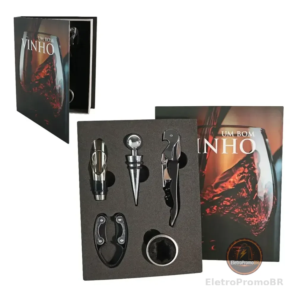 Kit Vinho 5 Peças: Abridor, Dosador, Saca Rolhas E Tampa