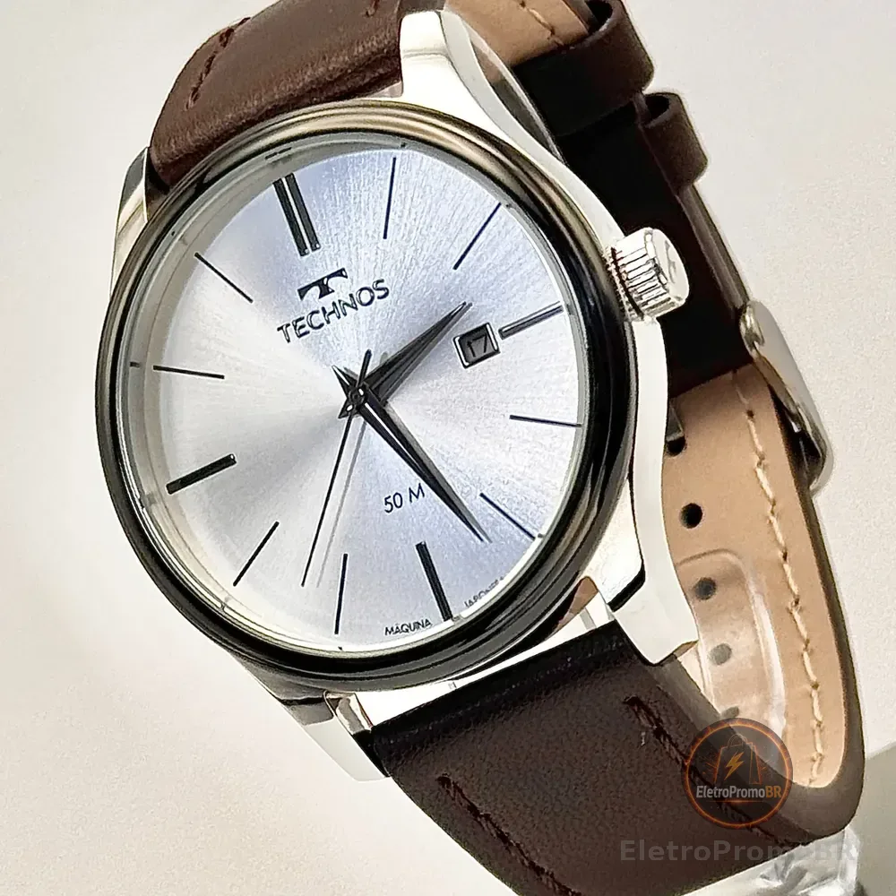 Relógio Technos Masculino Steel Prateado Pulseira Couro Marrom Preto Prateado