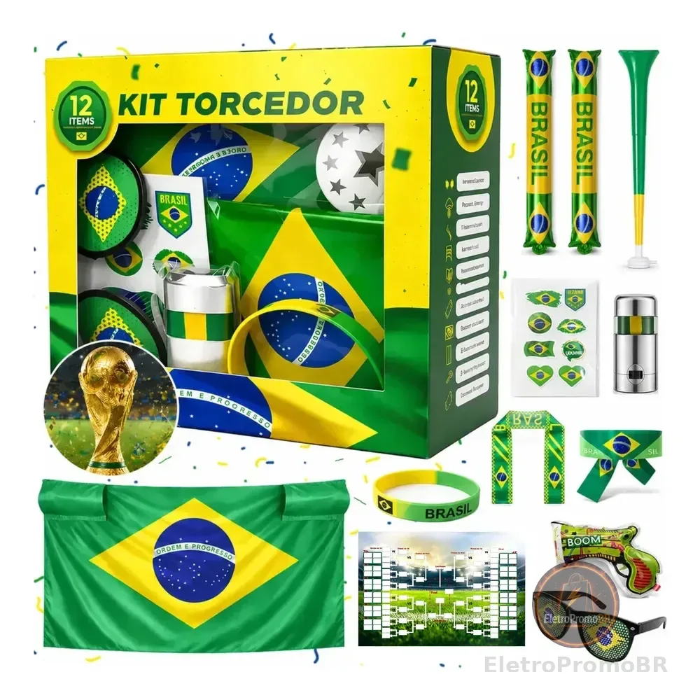 Kit Torcida Brasil Copa 2026 - Bandeira, Vuvuzela E Mais