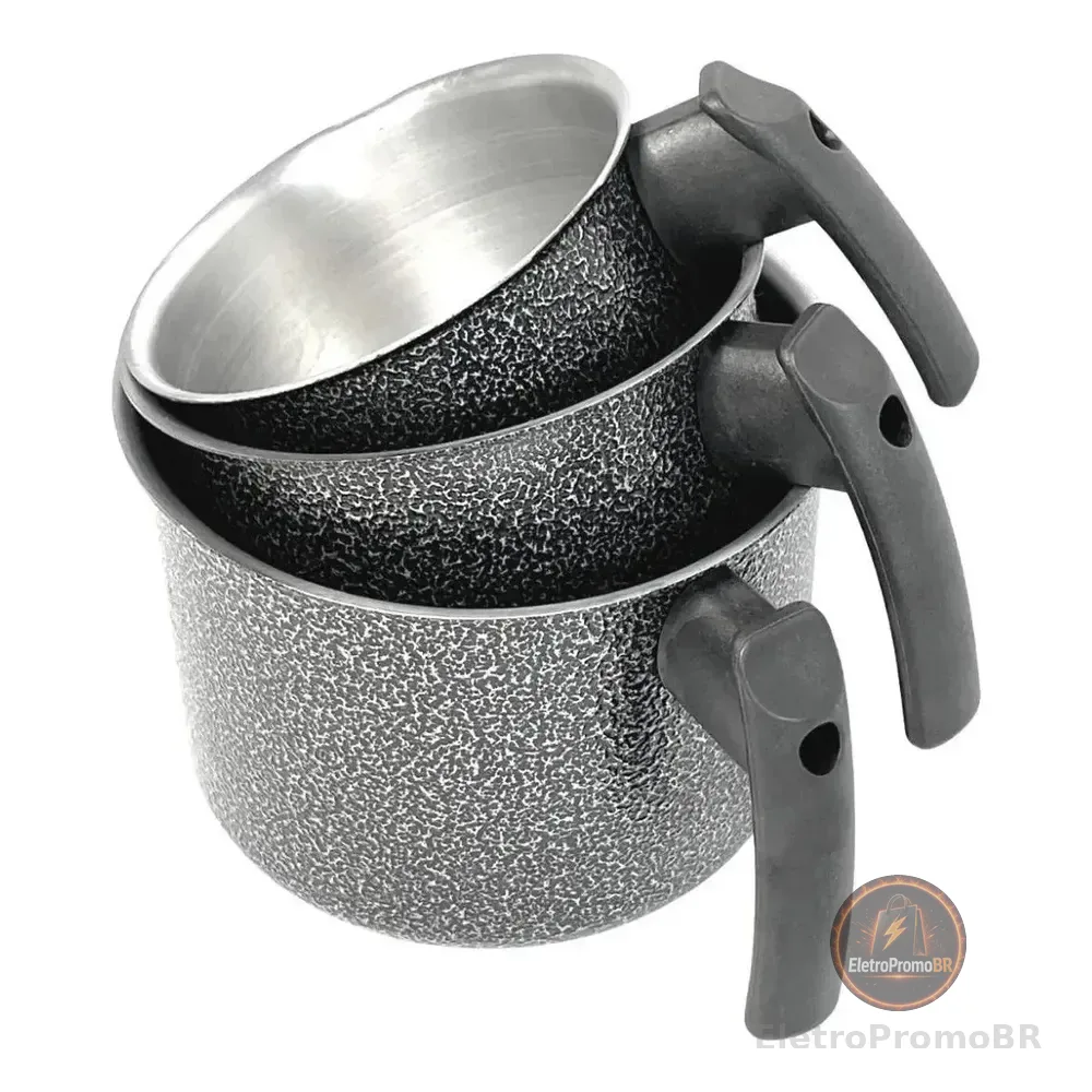 Conjunto 3 Peças Caneca Leiteira Fervedor Craqueado Alumínio Preto