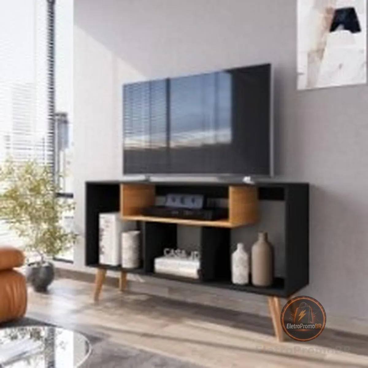 Rack Bancada Para Tv De Até 43 Polegadas Com Prateleira E Nichos Para Sala De Estar Casa Jd (Preto/Nature)
