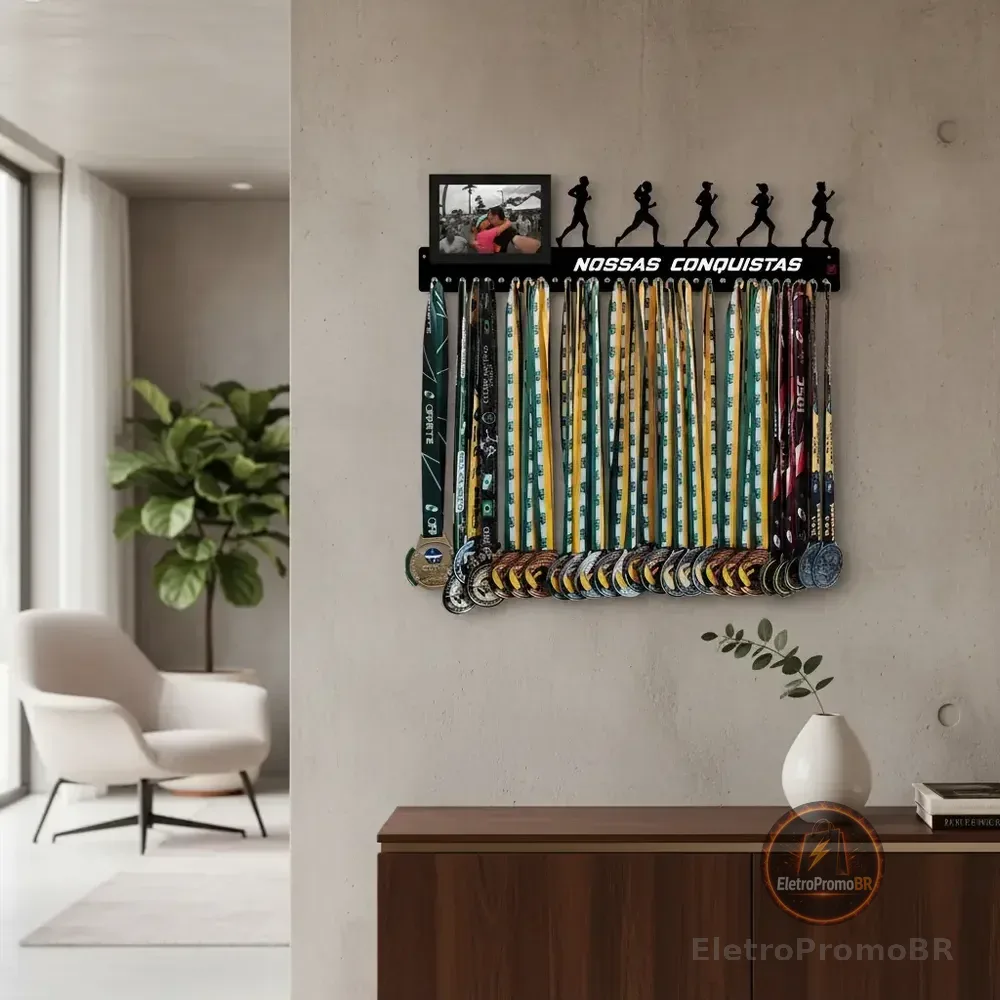 Porta Medalha Personalizado Corrida Casal Com Porta Retrato Cor Preto Armação Preto