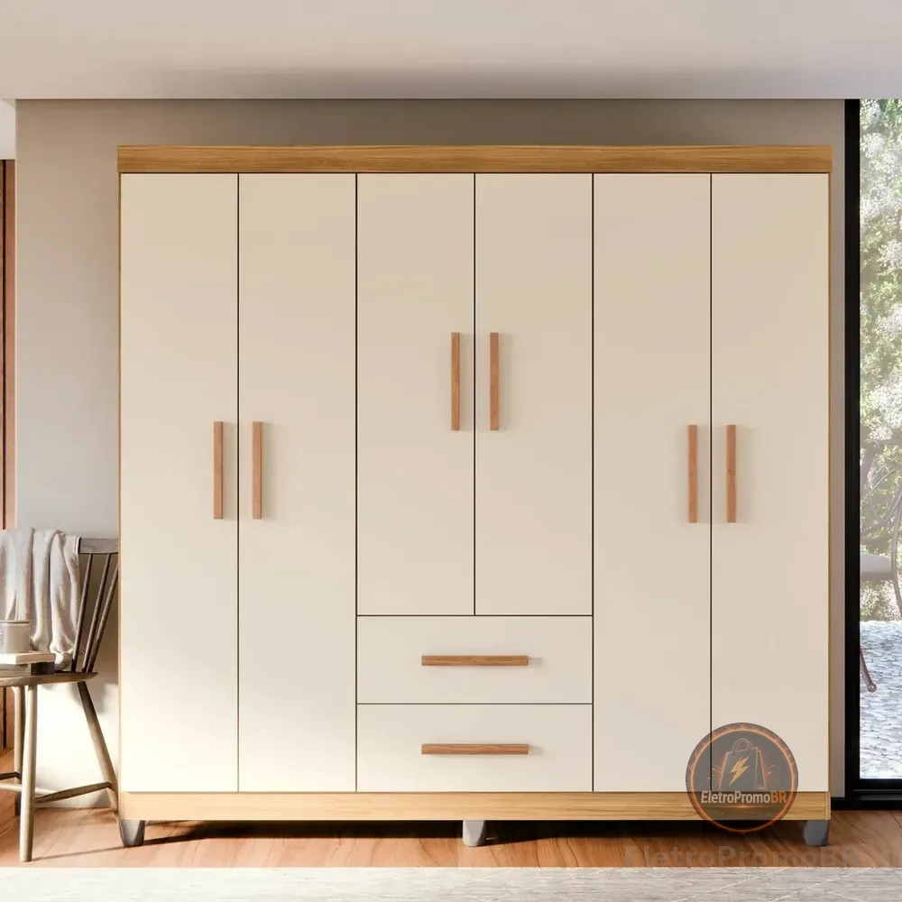 Guarda-roupa Casal Lite 6 Portas E 2 Gavetas Para Quarto Multiuso Cor Nature Off White Cinamomo/off White