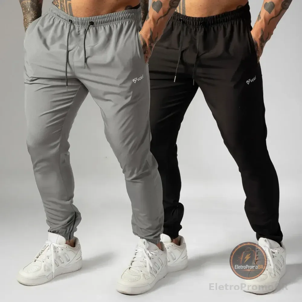 Kit 2 Calças Jogger Tactel Com Elastano Masculina Esportiva Preto E Cinza Basico G1