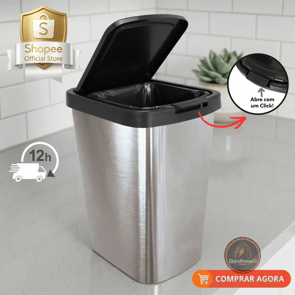 Lixeira Banheiro Cozinha Cesto Metalizado 09 Litros Com Tampa Click Label Vermelho Rose