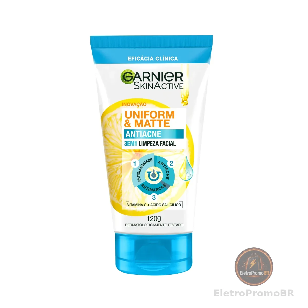 Garnier Uniform & Matte, Sabonete Facial 3 em 1 Antiacne, Tratamento com Ácido Salicílico e Vitamina C para Pele Oleosa, Ação Antioleosidade e Antimarcas, 120g