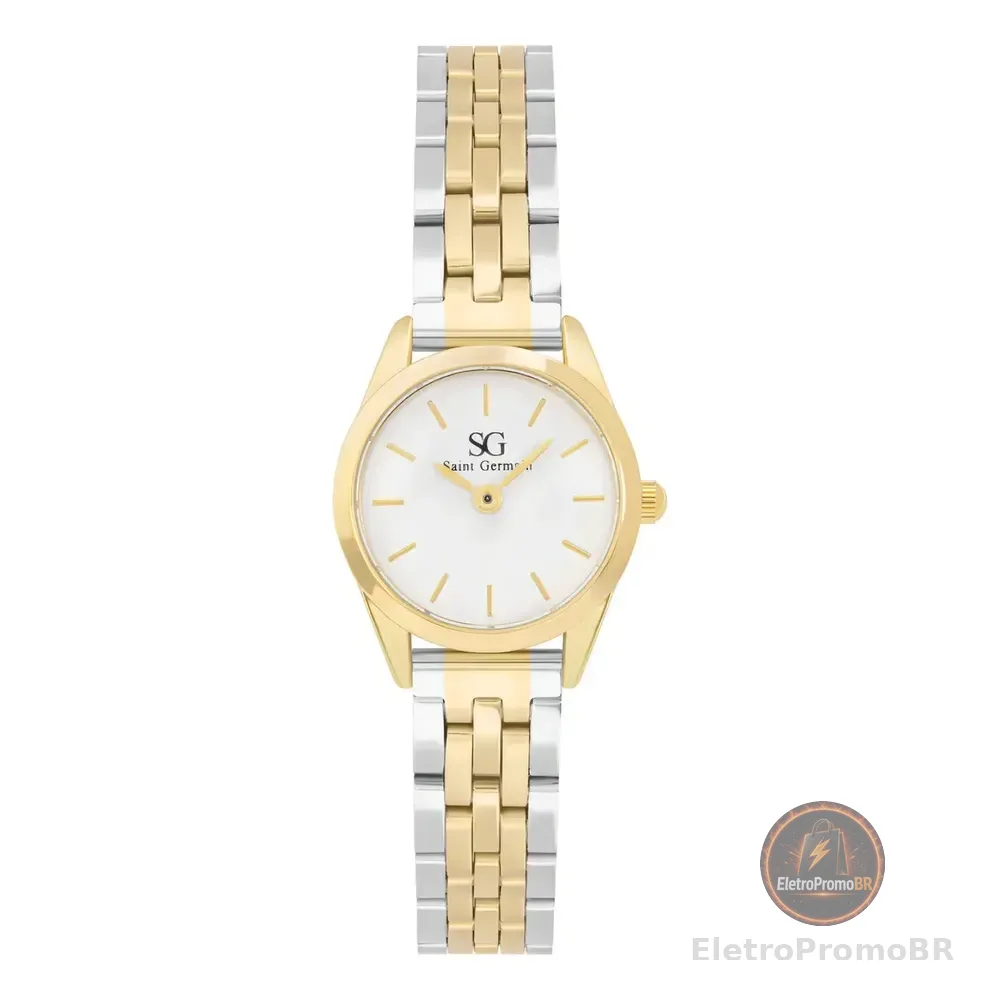 Relógio Feminino Dourado E Prata Mini Belle Bicolor Gold 24mm Fundo Branco