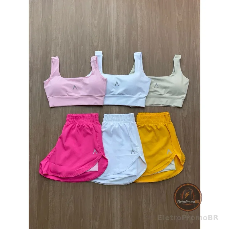 Conjunto de Short Duplo em poliamida e tectel soltinho e Top fitness Slim e Plus size Camila