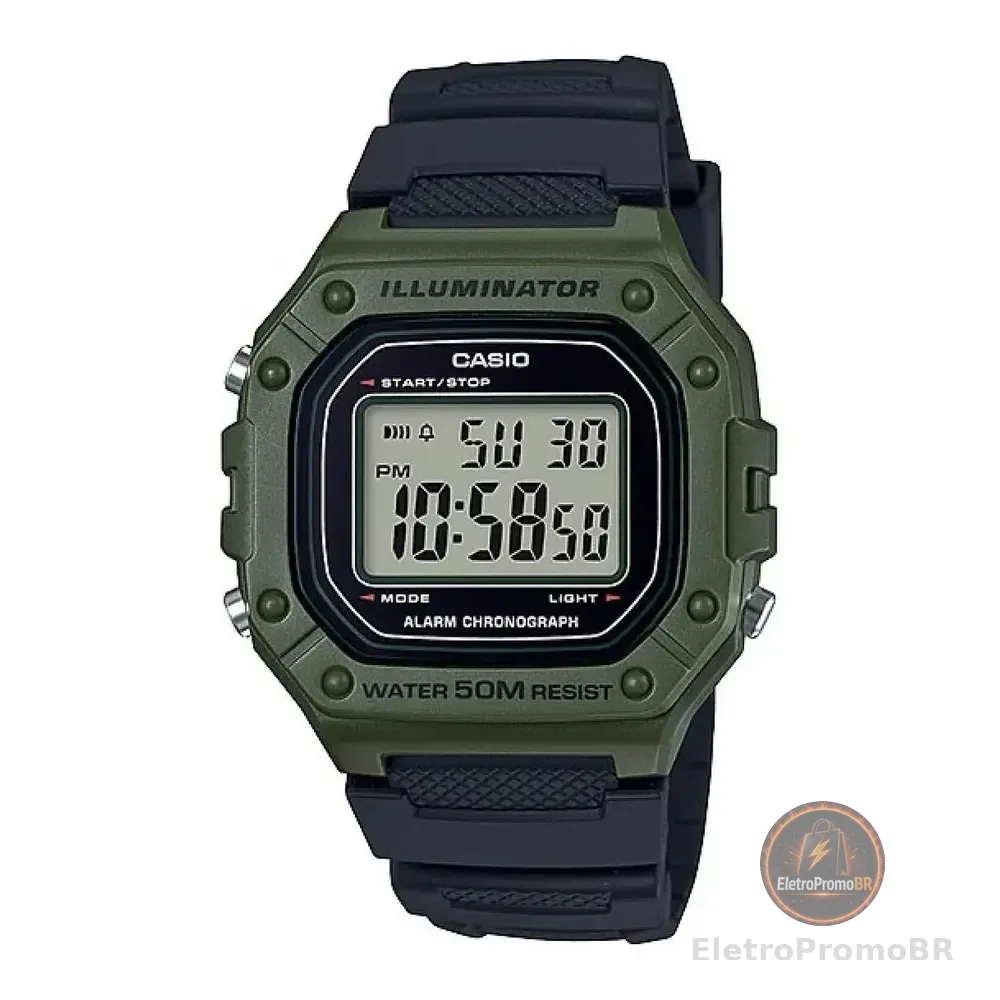 Relógio Casio Masculino Digital Illuminator W-218h-3avdf Correia Preta Preto Verde Cinza
