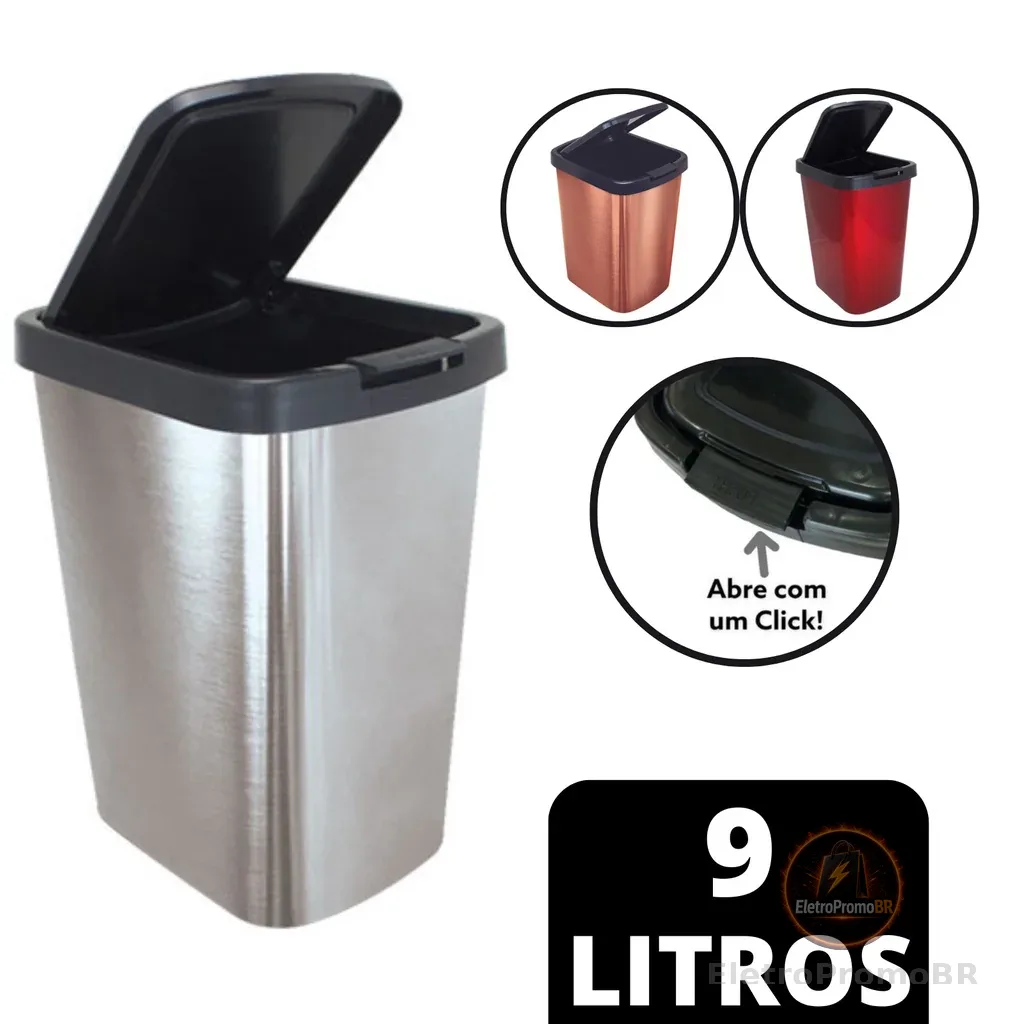 Lixeira Cesto Metalizado 09 Litros Com Tampa Click Label Vermelho Rose Gold Banheiro Cozinha