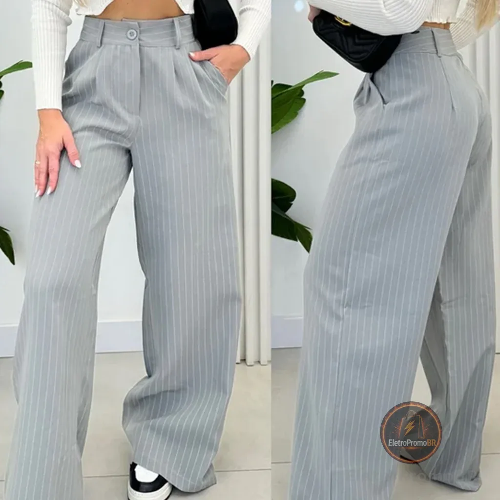Calça Pantalona Alfaiataria Wide Leg Modelo listrado Risca de Giz