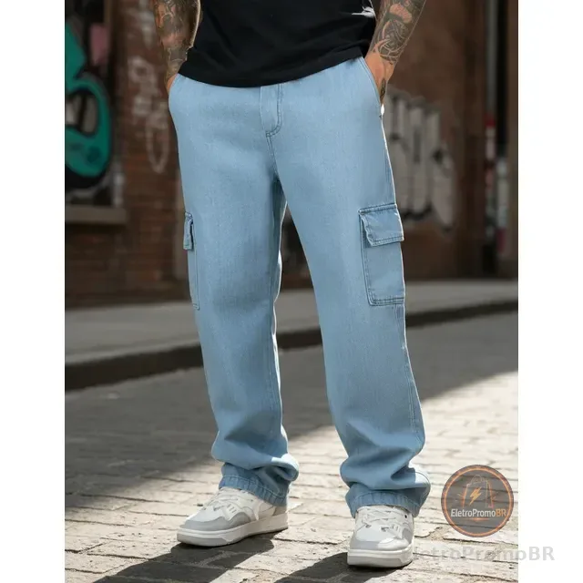 Calça Cargo Jeans Masculina Larga Com 5 Bolsos Estilo Skate