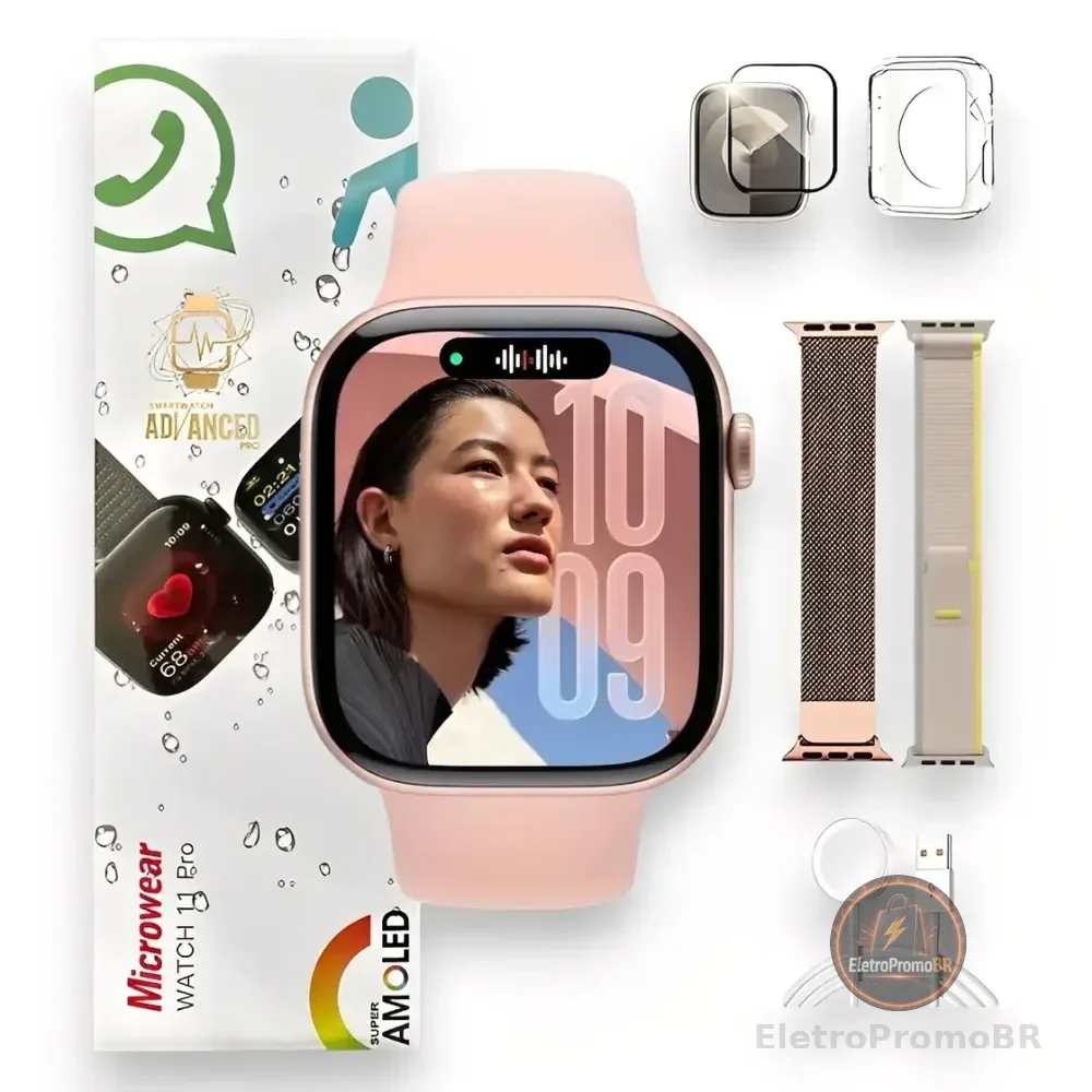 Relógio Smartwatch W11 Pro Series 11 Amoled Whatsapp Gps Nfc Rosa Dourado