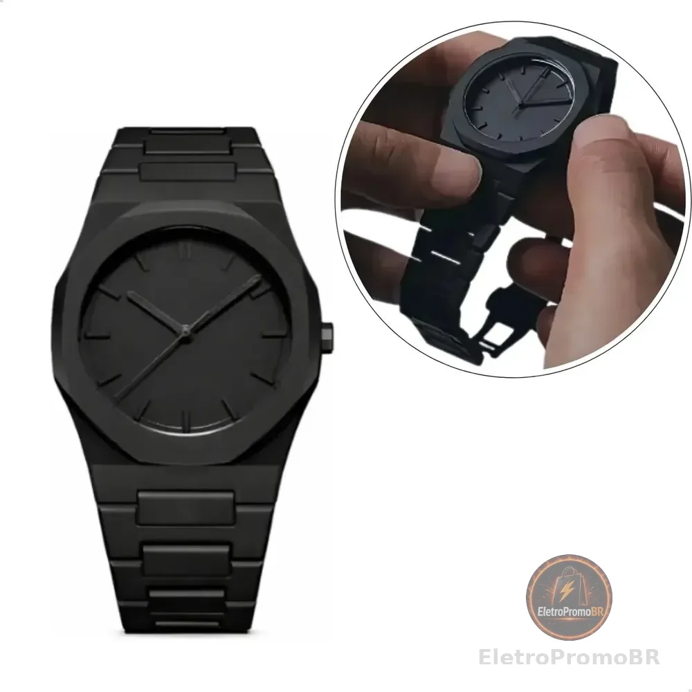 Relogio Masculino Minimalista All Black Chanfrado Preto