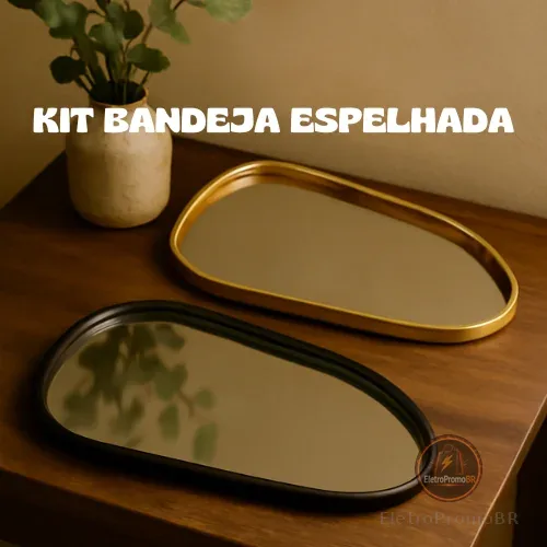 BANDEJA ORGANICA ESPELHADA DECORATIVA MULTIUSO BANHEIRO LAVABO SALA PRETO DOURADO