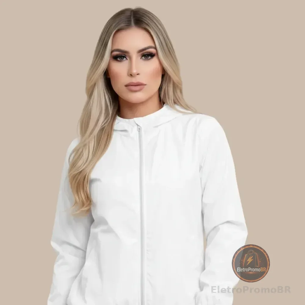 Jaqueta Corta Vento Sem Estampa Blusa Feminina Capuz E Bolso Branco Gg