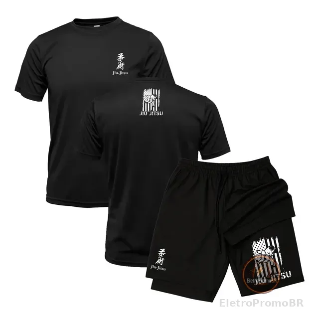 Kit Camiseta Jiu-jitsu + Short 2 Em 1 Compressão Proteção Uv
