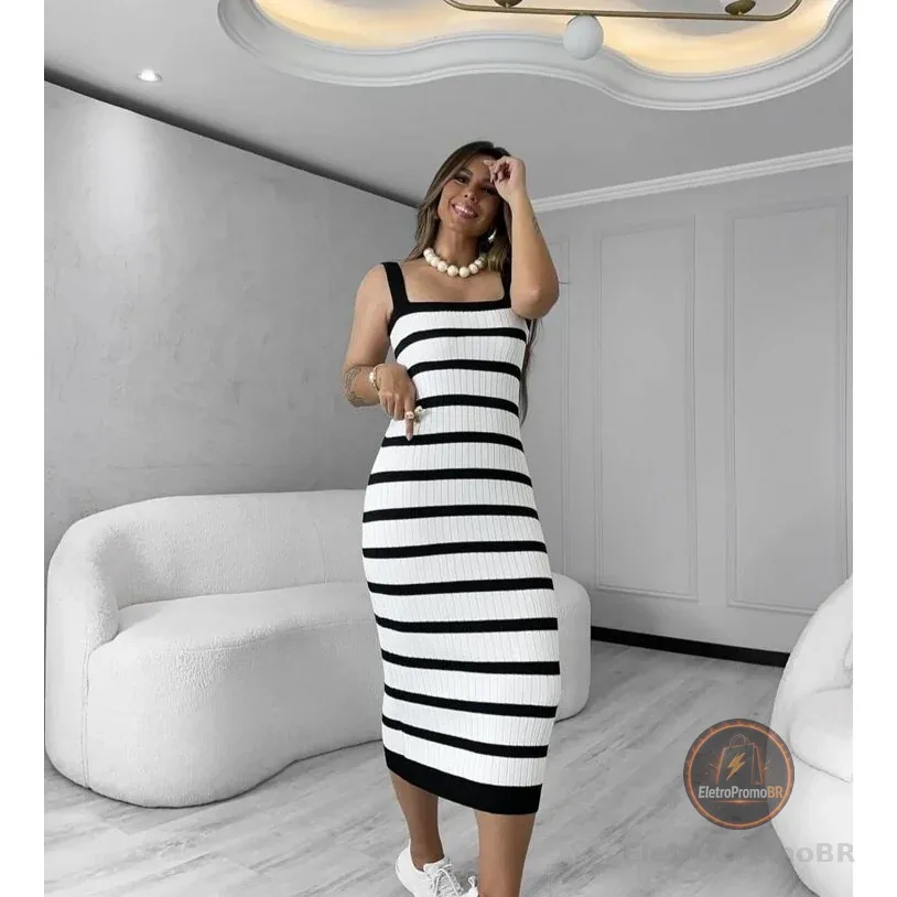 vestido alcinha tricot modal listarda comprida verao