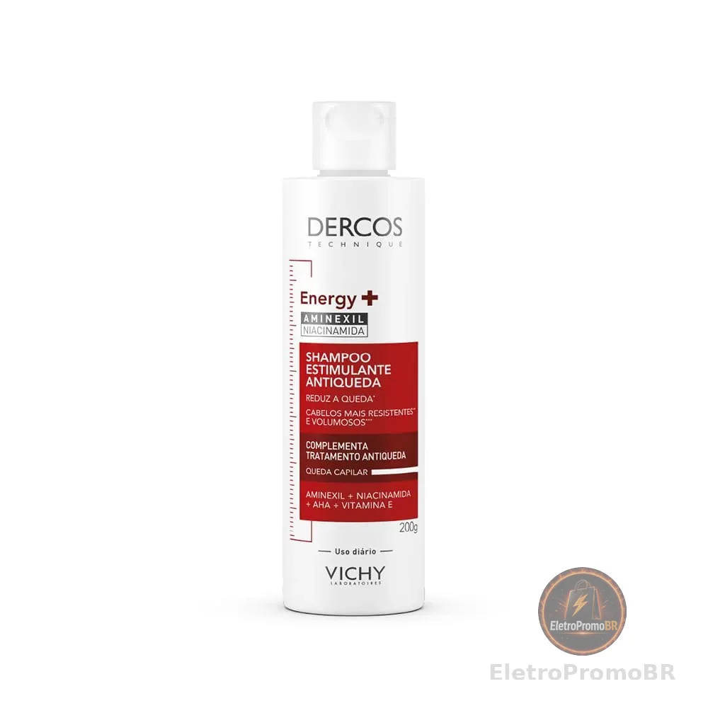 Vichy Dercos Energy+, Shampoo Estimulante, Tratamento Antiqueda para Cabelos Fracos e Quebradiços, Fortalece os Fios com Aminexil, AHA, Niacinamida e Vitamina E, 200g