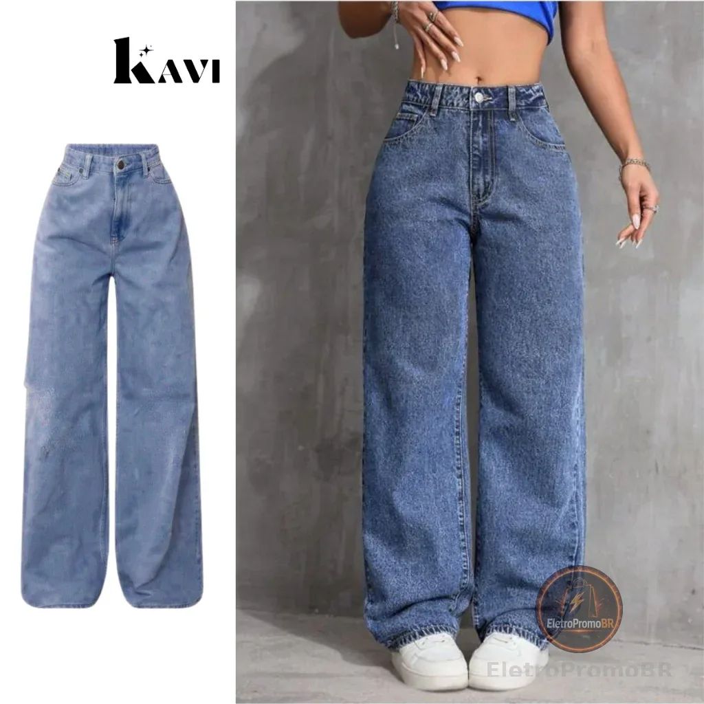 Calça Wide Leg Jeans Feminina Cintura Alta Pantalona