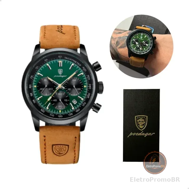 Relógio Luxo Poedagar Masculino Pulseira Em Couro Funcional