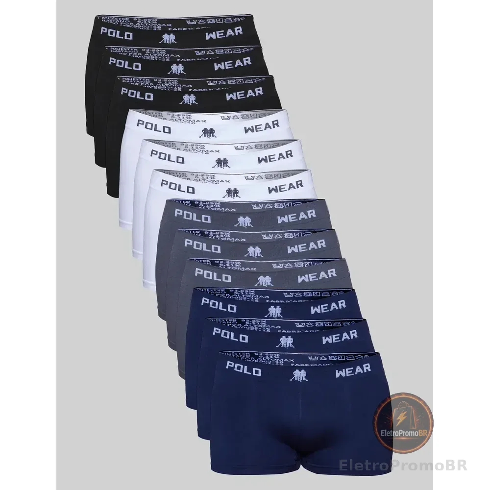 Kit 12 Cuecas Boxer Polo Wear Masculino Microfibra Liso Preto / Branco / Cinza / Azul-marinho Liso G
