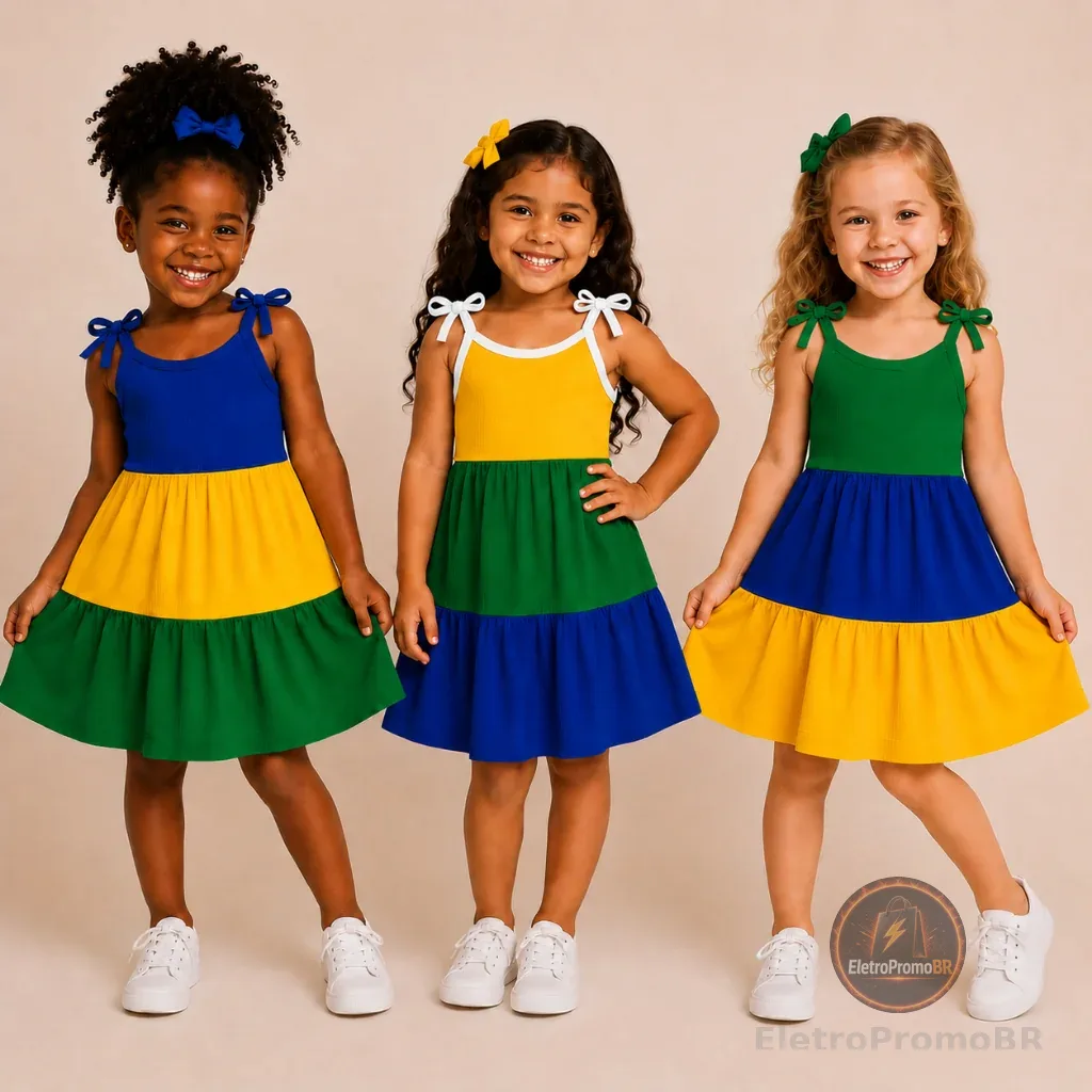 Vestido Infantil menina Brasil Multicolorido Alça De Amarrar Moda Verão estiloso