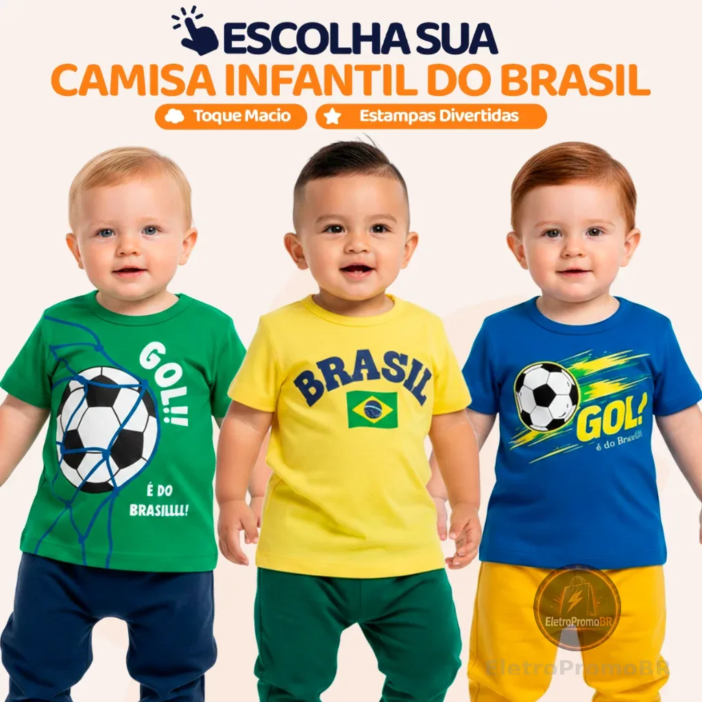 Camiseta Bebê Brasil Copa do Mundo 2026 Roupa Infantil Seleção Brasileira Confortável Algodão Amarelo, Azul, Verde. L12