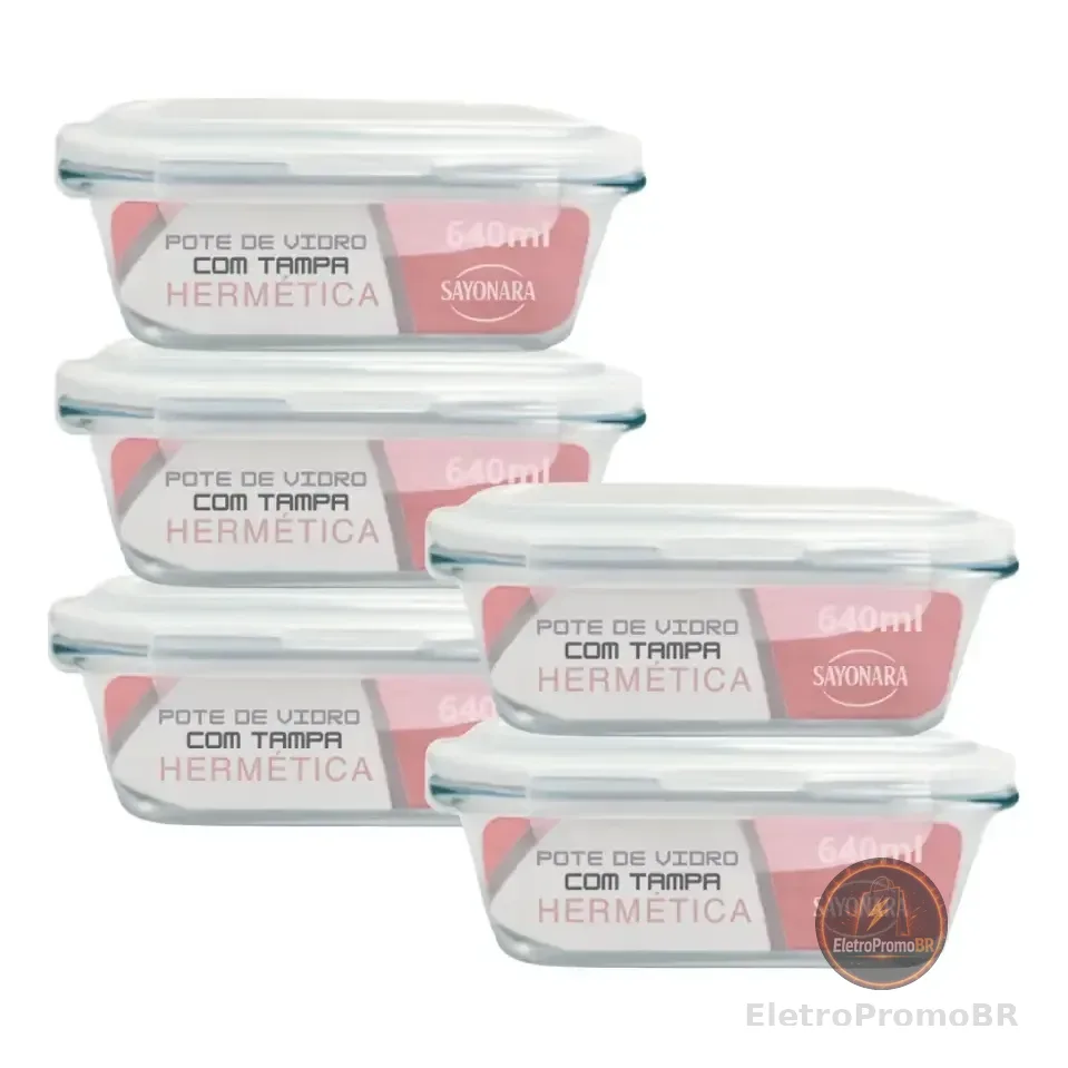 Conjunto 5 Potes Vidro Hermético 640ml Mantimentos Marmita Forno Microondas Transparente