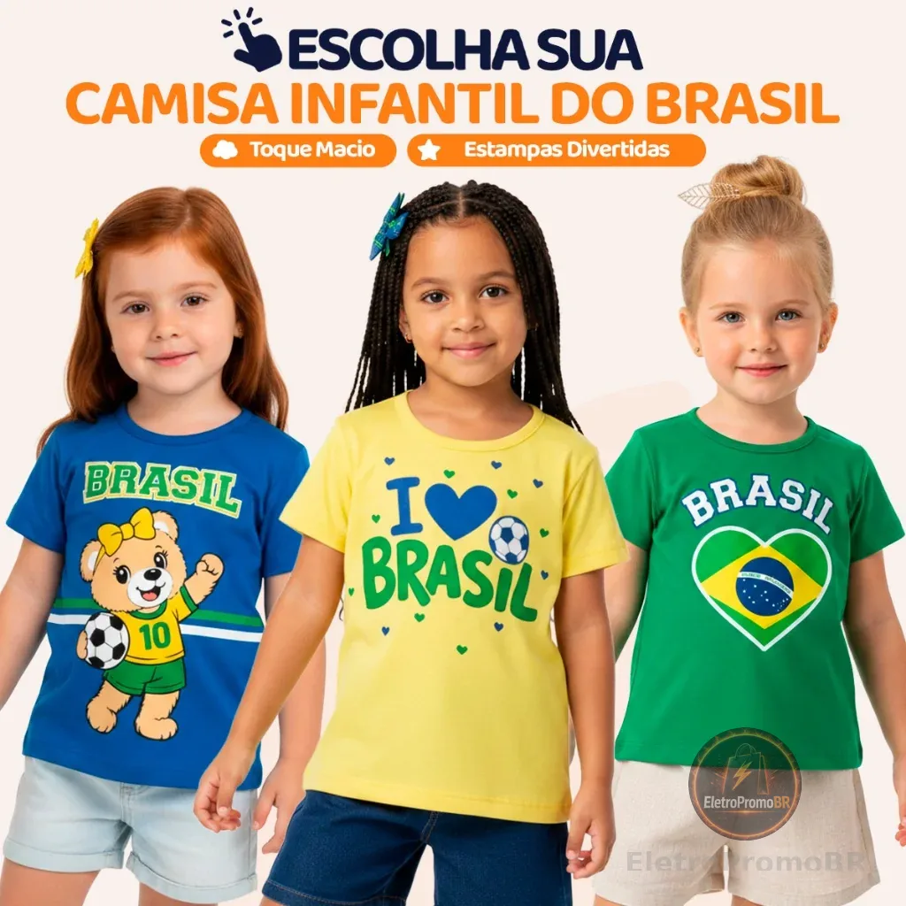 Camiseta infantil menina Brasil Copa 2026 algodão seleção brasileira roupa menina amarelo azul verde Blusa Futebol Hexa