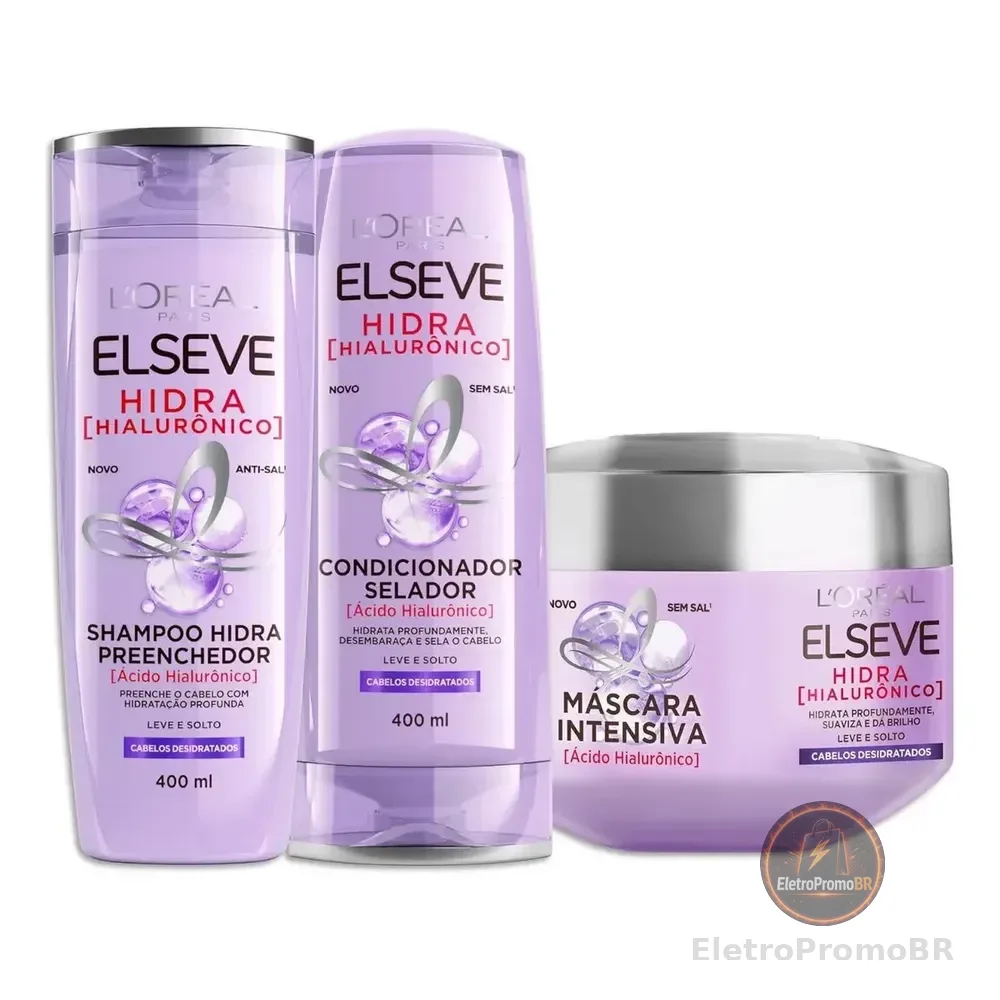 Kit Hidra Hialurônico Shampoo 400ml Condicionador 400ml Creme 300g Elseve