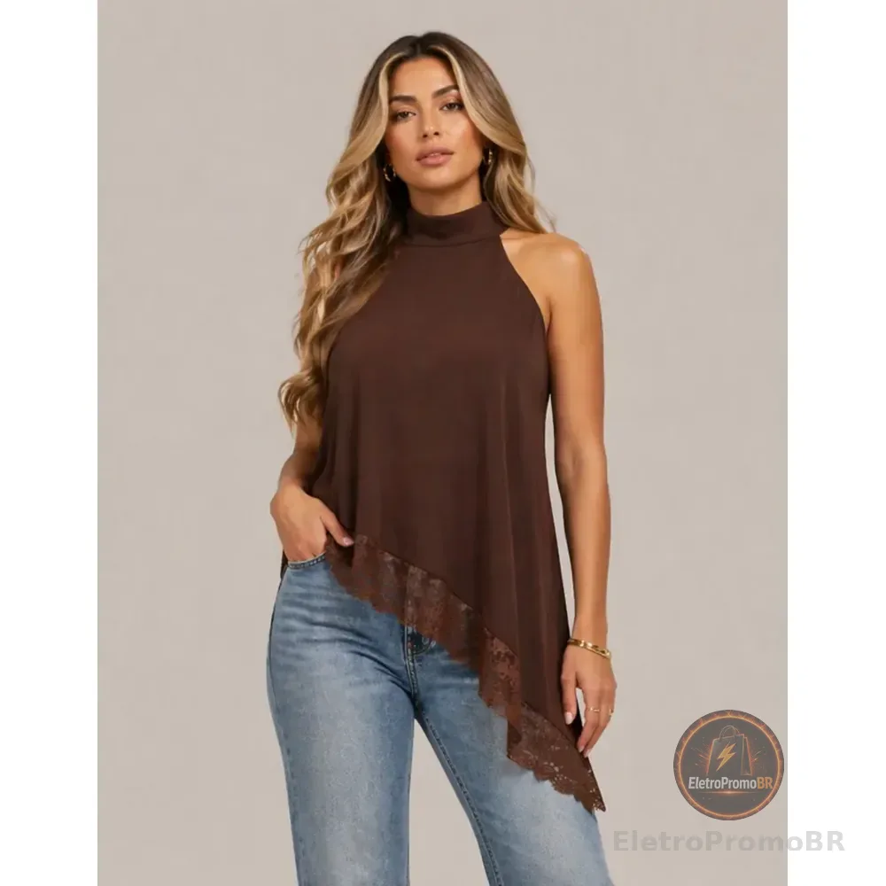Blusinha Feminina Amarração Assimétrica Com Renda Costa Nuas Marrom Lisa G (40-42)