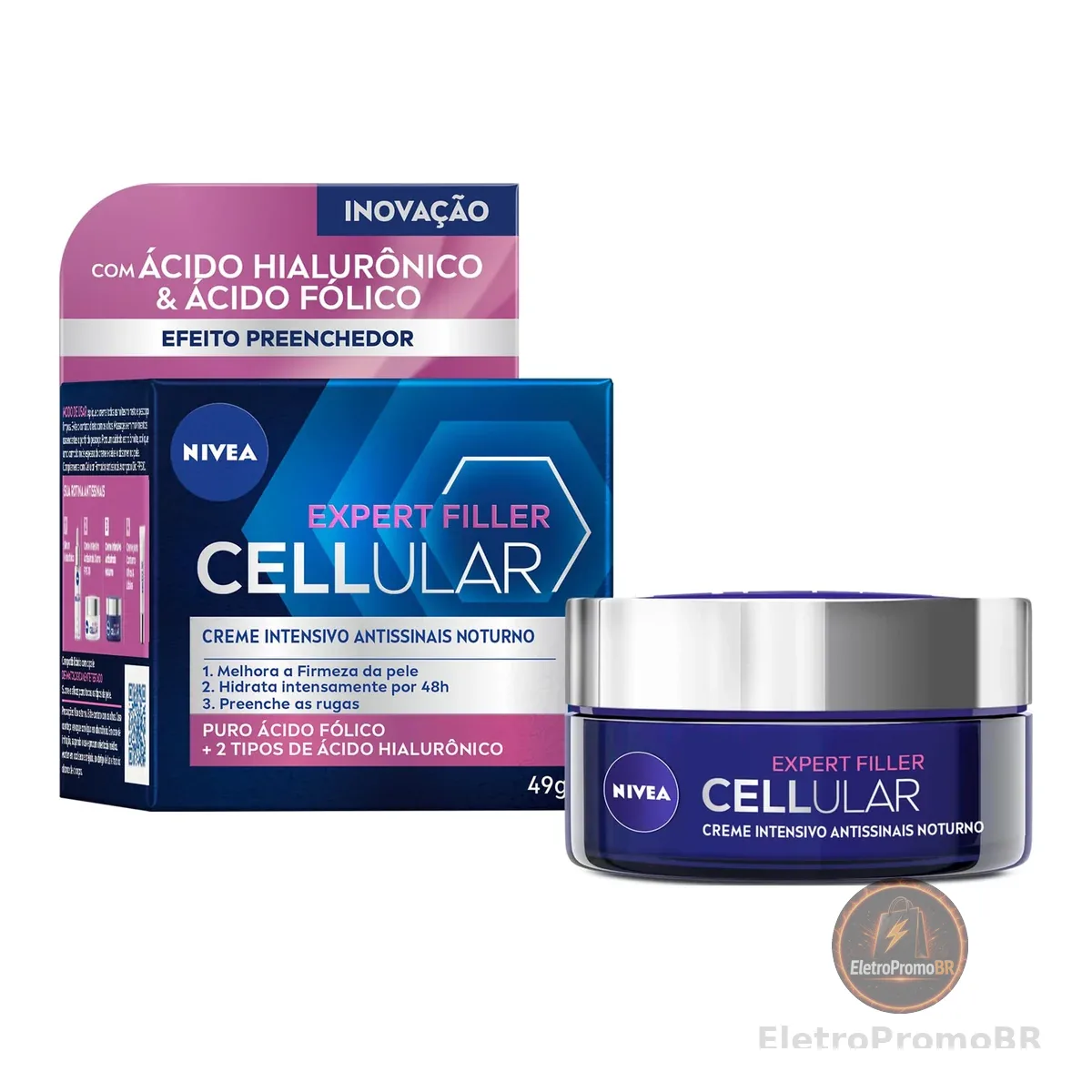 NIVEA Creme Facial Antissinais Cellular Filler Noite 49g, Hidratação Intensa 48h, Pele Firme, Preenche Rugas, Ácido Hialurônico, Cuidado Noturno
