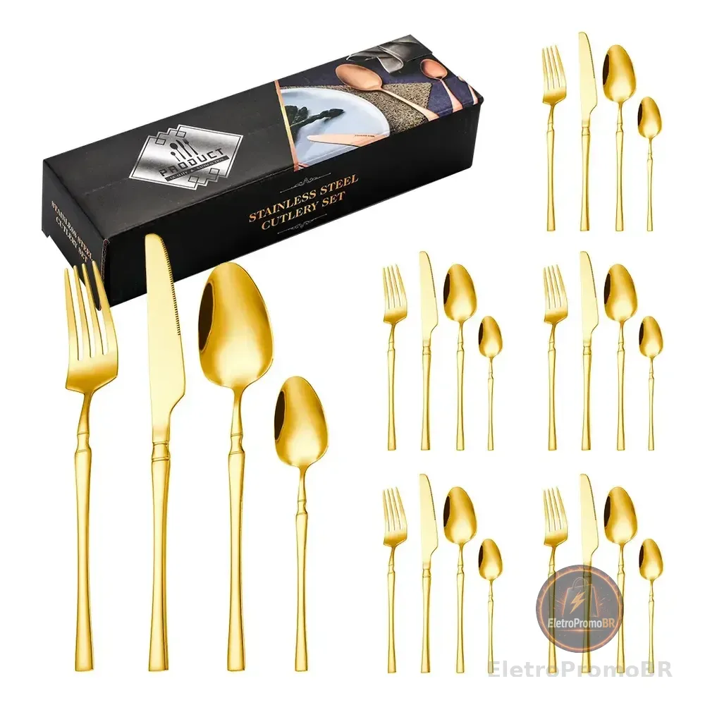 Faqueiro De Luxo Com Cintura Fina, Aço Inox Dourado 24 Peças Dourado