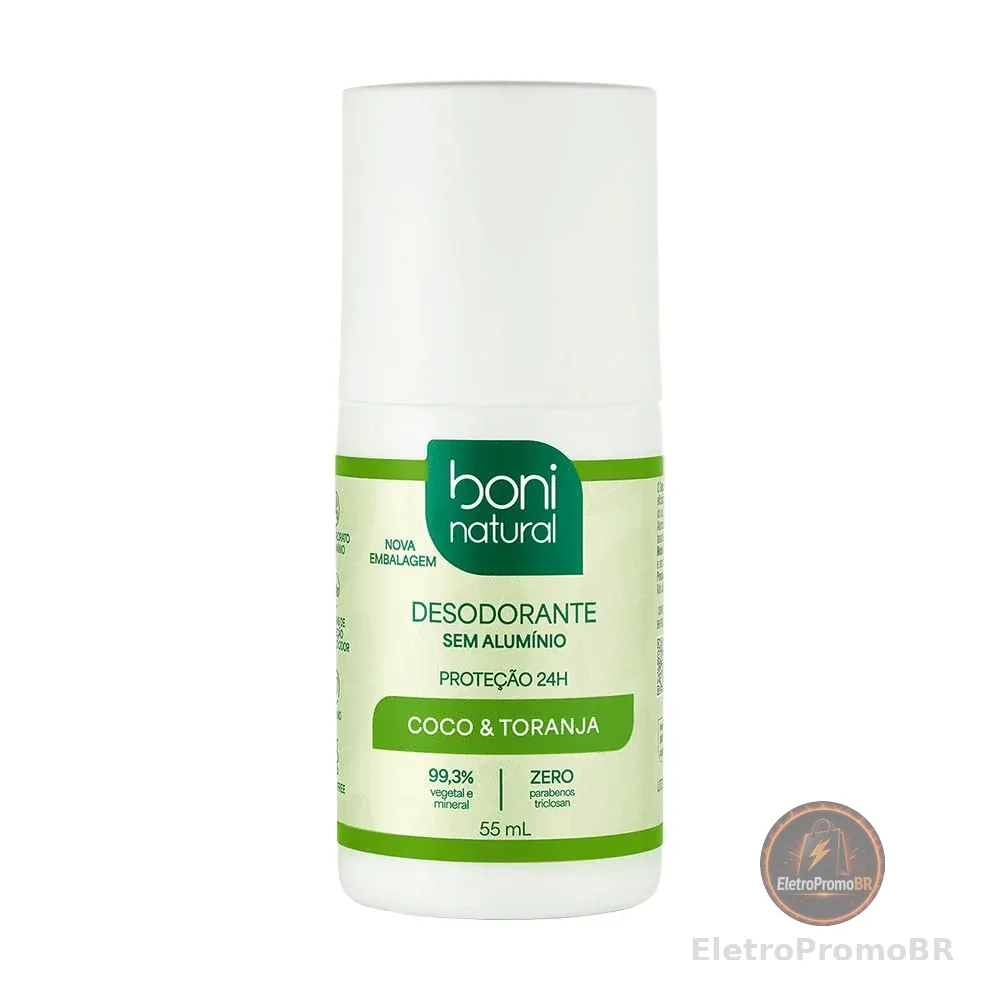 BONI NATURAL - Desodorante Roll-On sem Alumínio, Natural, Vegetal e Vegano, Coco e Toranja, 55ml