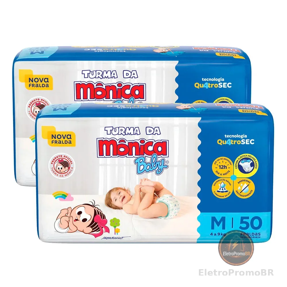 Kit 2 Fralda Infantil Turma da Mônica Baby Mega Tamanho M 50 Fraldas Descartáveis