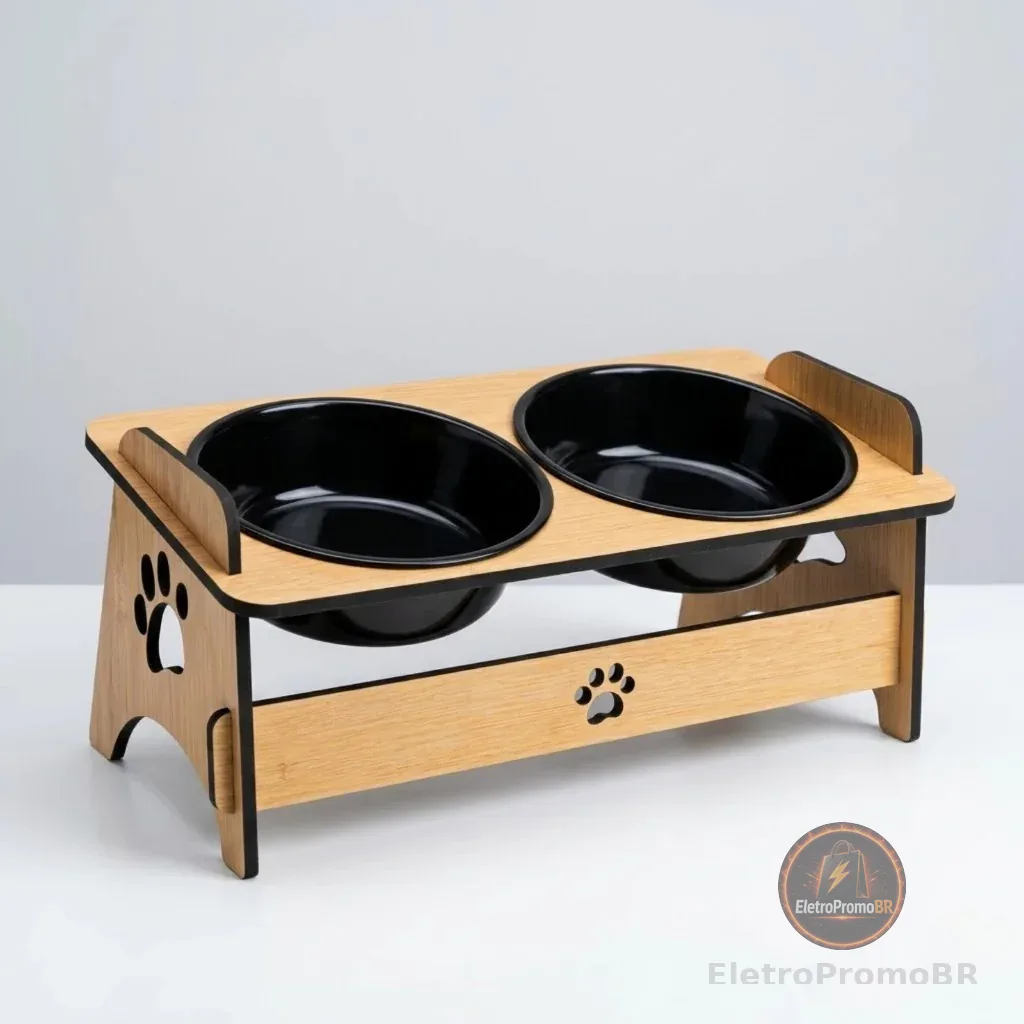 Comedouro Elevado para Cachorro e Gato em Mdf com Tigela de Plástico Tendência