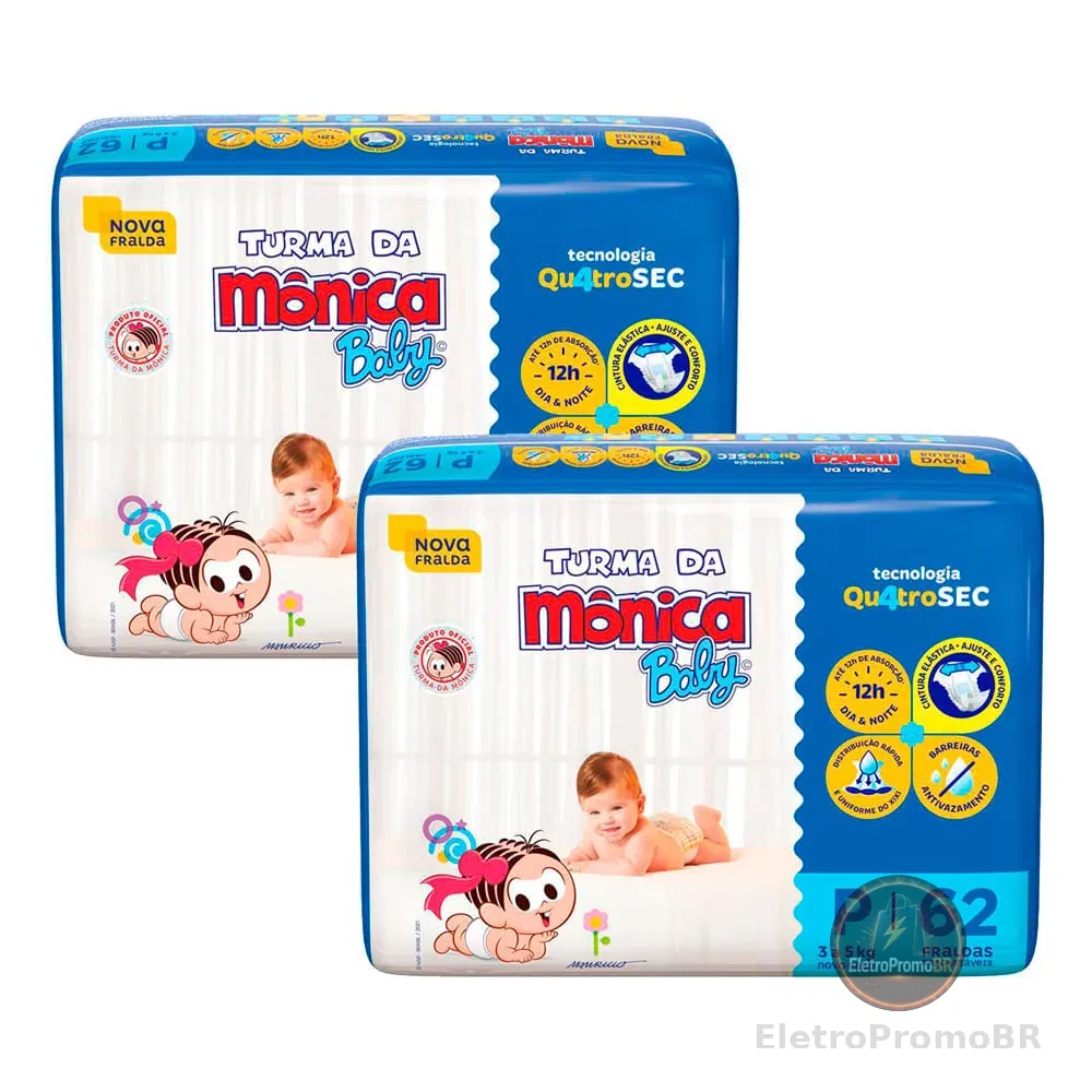 Kit 2 Fralda Turma da Mônica Baby Tamanho P Pacote Mega 62 Unidades Descartáveis